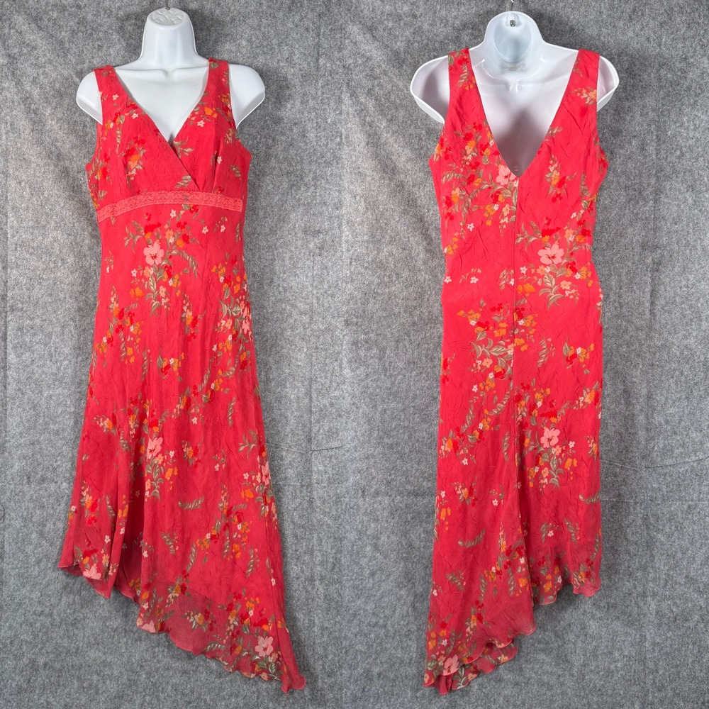 Y2K Babydoll Dress Size 9/10 Crinkle Floral Fairycore Coral Vtg Asymmetrical